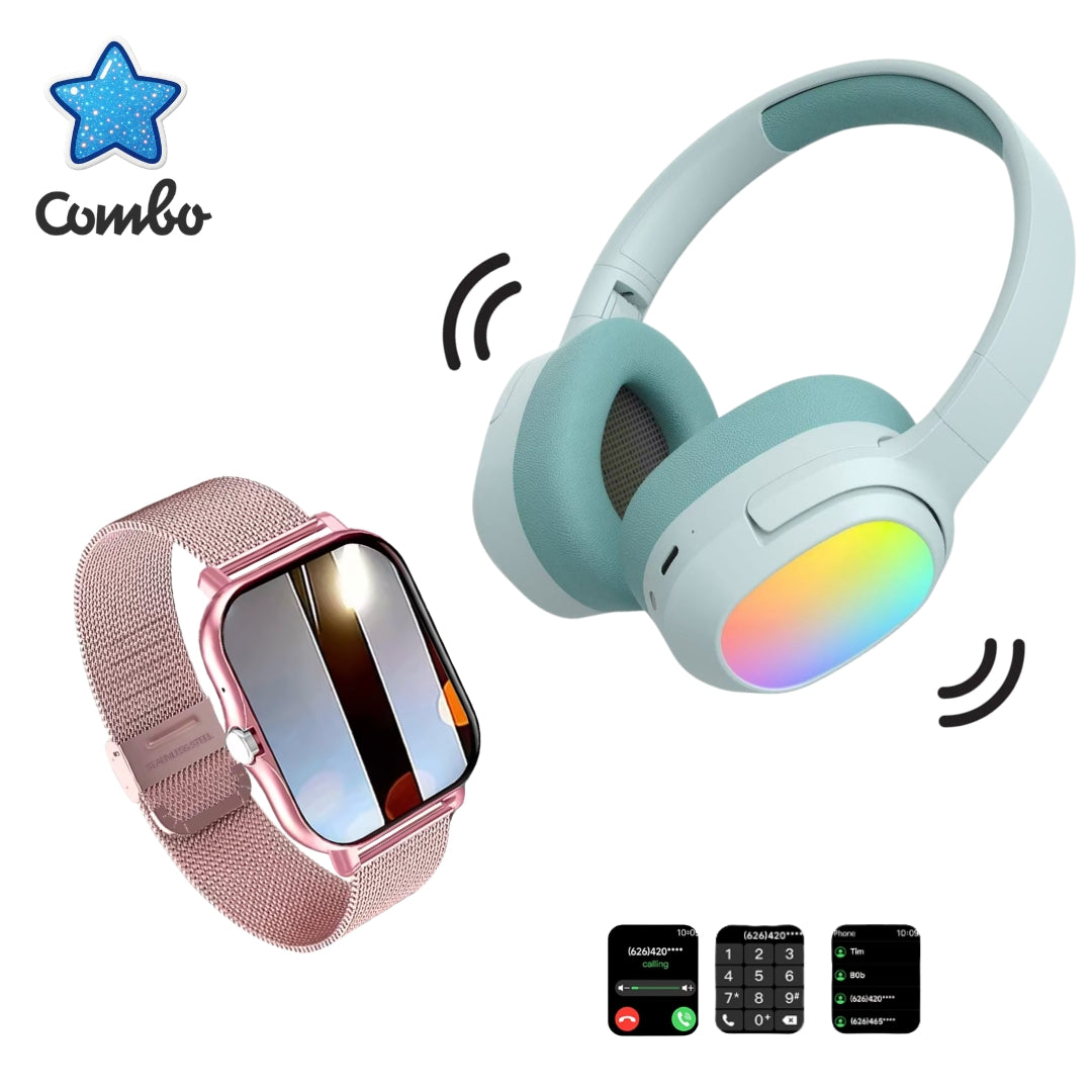 Diadema Lelisu azul LED + smartwatch rosa